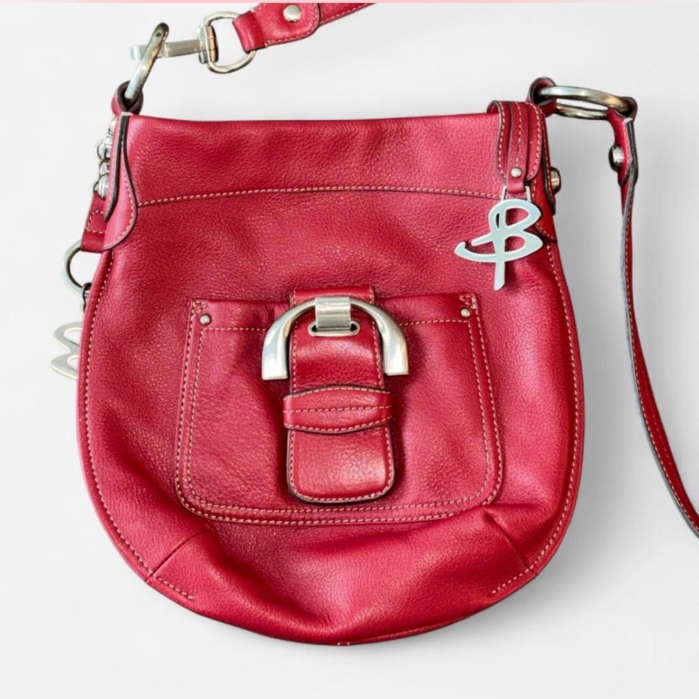 B. Makowsky Red Pebble Leather Hobo Bag Crossbody Y2K Boho Biker Silver Buckle